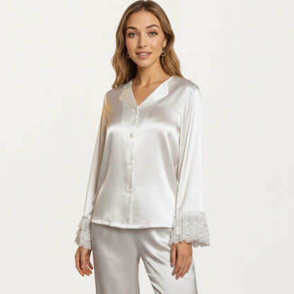 Anna-Kaci Lounge Women's Long Sleeve Pajama Set with Soft Button Front Top and Ruffled Cuff Trim Straight-Leg Pants