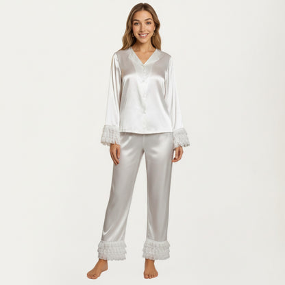 Anna-Kaci Lounge Women's Long Sleeve Pajama Set with Soft Button Front Top and Ruffled Cuff Trim Straight-Leg Pants