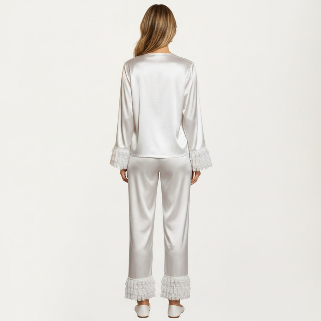 Anna-Kaci Lounge Women's Long Sleeve Pajama Set with Soft Button Front Top and Ruffled Cuff Trim Straight-Leg Pants