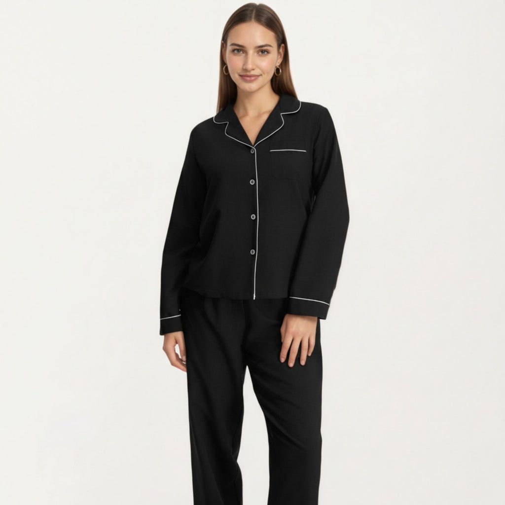 Anna-Kaci Lounge Women's Long Sleeve Pajama Set with Soft Notched Collar Button Front Top and Relaxed Straight-Leg Pants