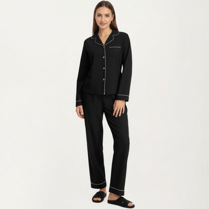Anna-Kaci Lounge Women's Long Sleeve Pajama Set with Soft Notched Collar Button Front Top and Relaxed Straight-Leg Pants