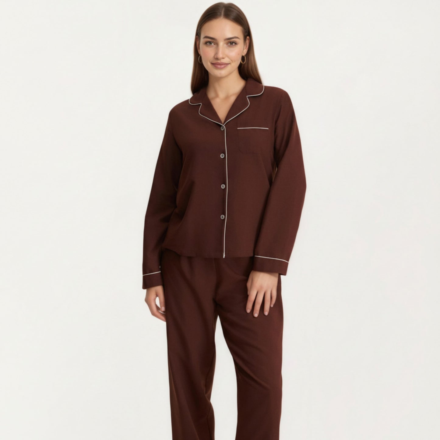 Anna-Kaci Lounge Women's Long Sleeve Pajama Set with Soft Notched Collar Button Front Top and Relaxed Straight-Leg Pants