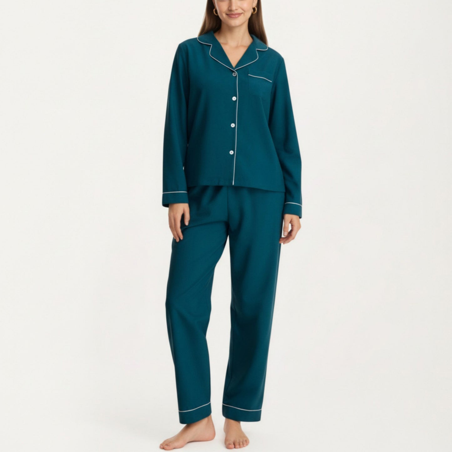 Anna-Kaci Lounge Women's Long Sleeve Pajama Set with Soft Notched Collar Button Front Top and Relaxed Straight-Leg Pants