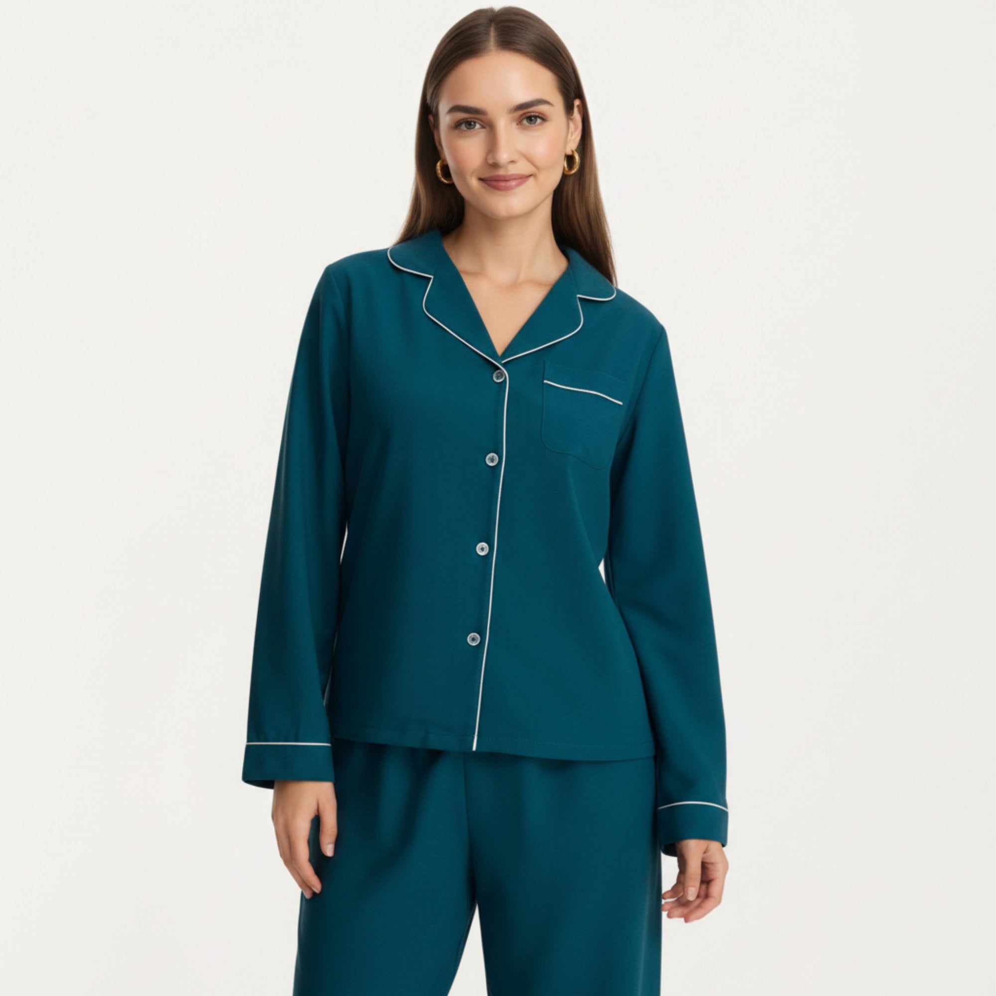 Anna-Kaci Lounge Women's Long Sleeve Pajama Set with Soft Notched Collar Button Front Top and Relaxed Straight-Leg Pants