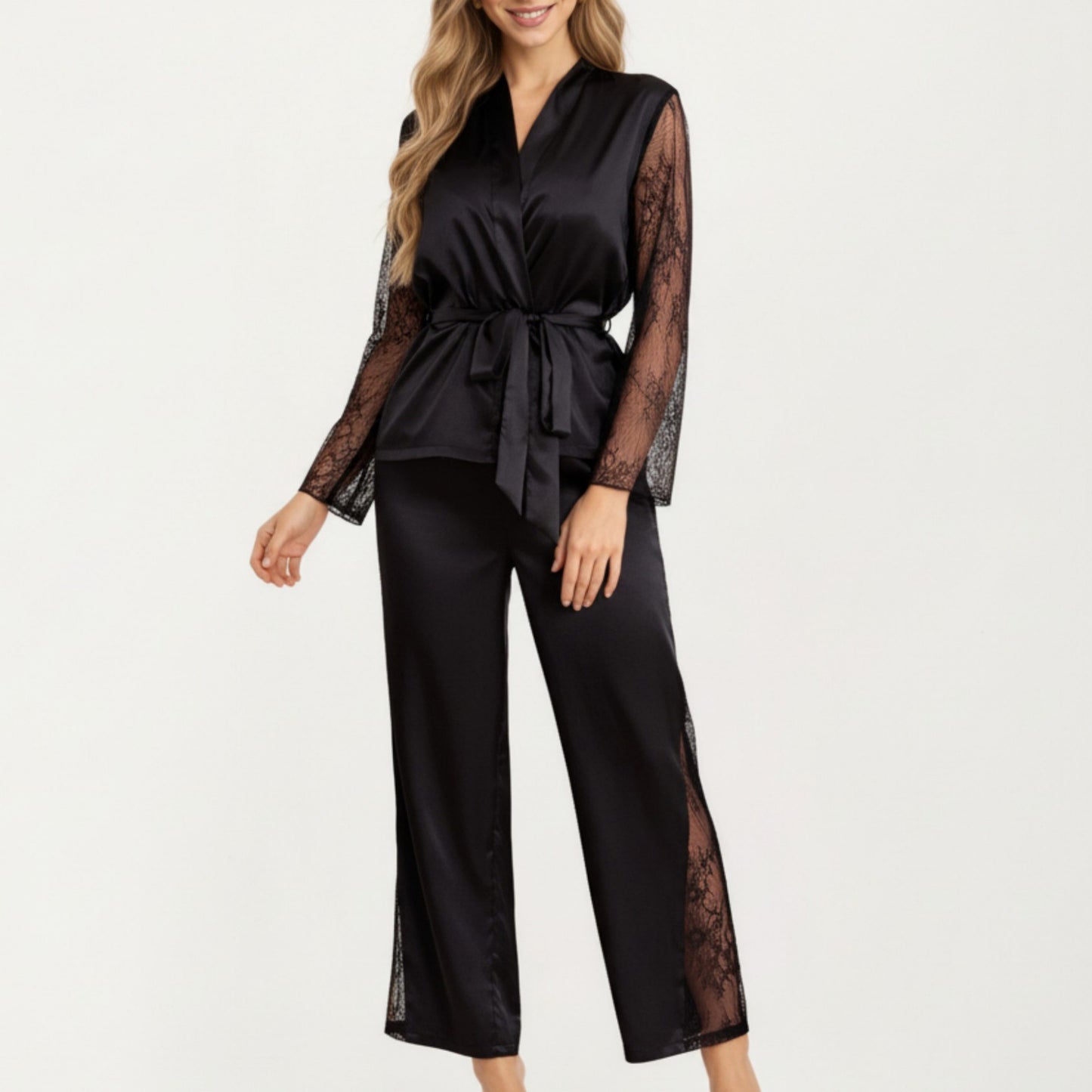 Anna-Kaci Lounge Women's Satin Pajama Set with Lace Sleeve Detail and Matching Tie-Waist Top and Straight-Leg Pants