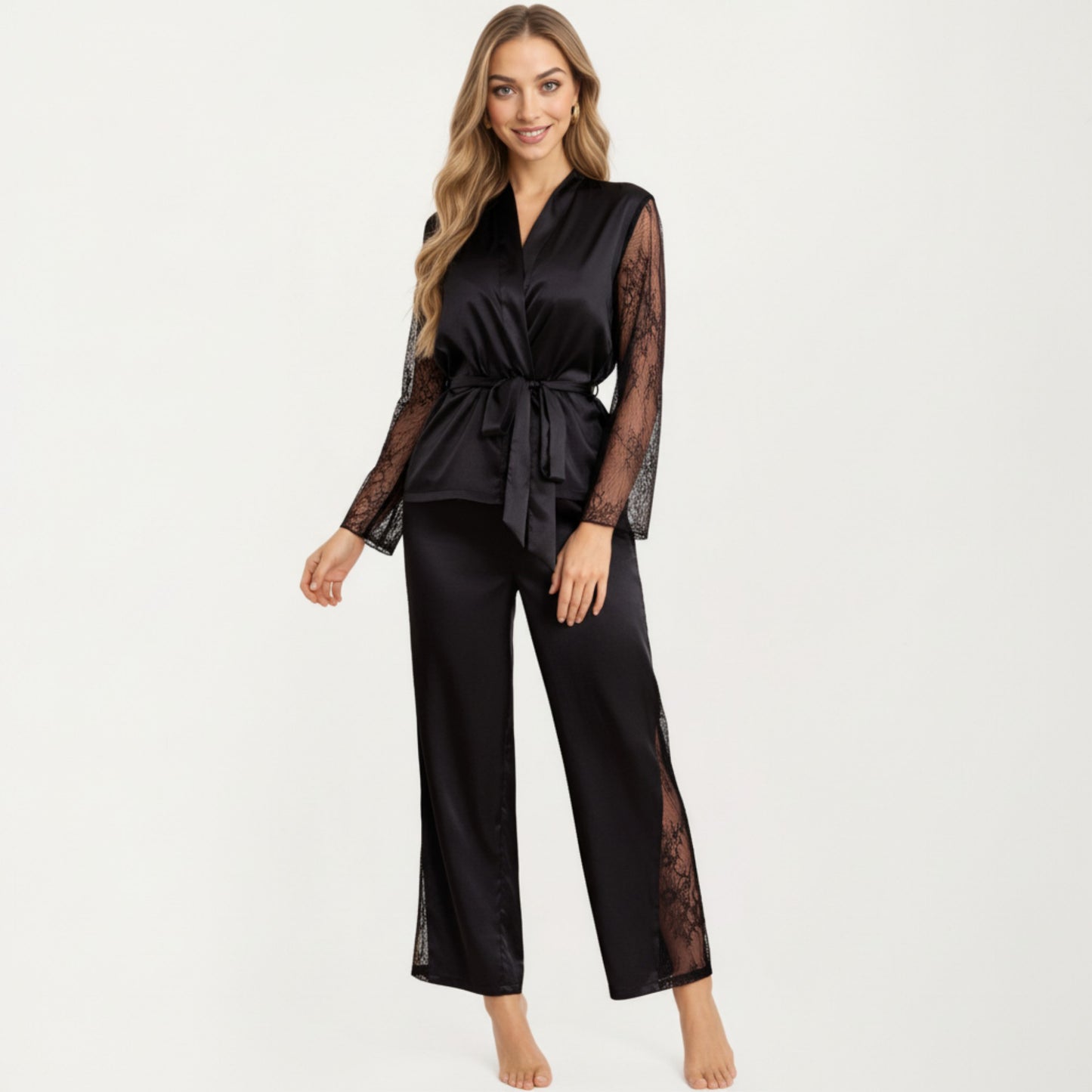 Anna-Kaci Lounge Women's Satin Pajama Set with Lace Sleeve Detail and Matching Tie-Waist Top and Straight-Leg Pants