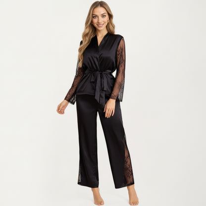 Anna-Kaci Lounge Women's Satin Pajama Set with Lace Sleeve Detail and Matching Tie-Waist Top and Straight-Leg Pants