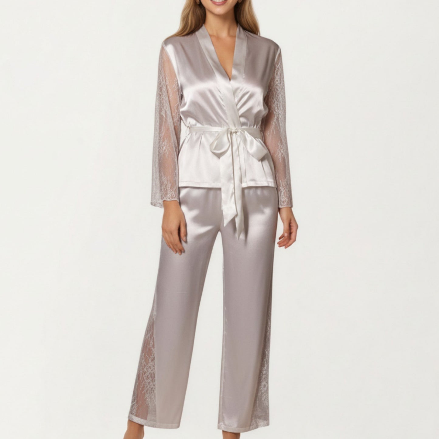 Anna-Kaci Lounge Women's Satin Pajama Set with Lace Sleeve Detail and Matching Tie-Waist Top and Straight-Leg Pants