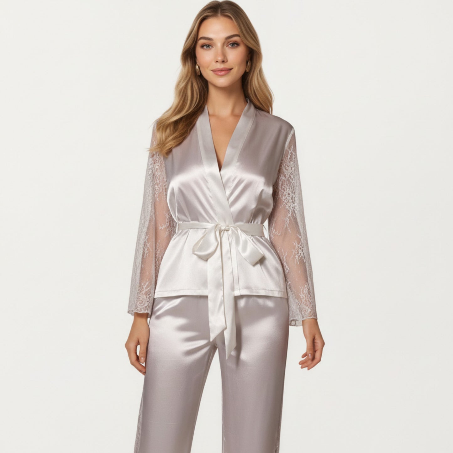 Anna-Kaci Lounge Women's Satin Pajama Set with Lace Sleeve Detail and Matching Tie-Waist Top and Straight-Leg Pants