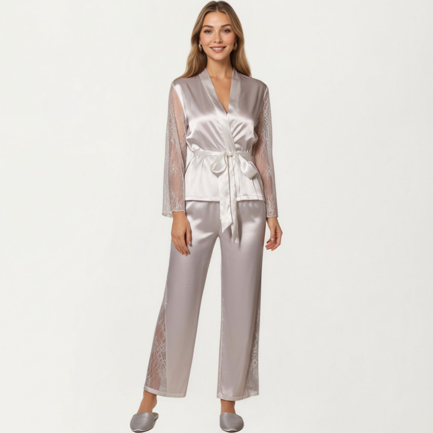 Anna-Kaci Lounge Women's Satin Pajama Set with Lace Sleeve Detail and Matching Tie-Waist Top and Straight-Leg Pants
