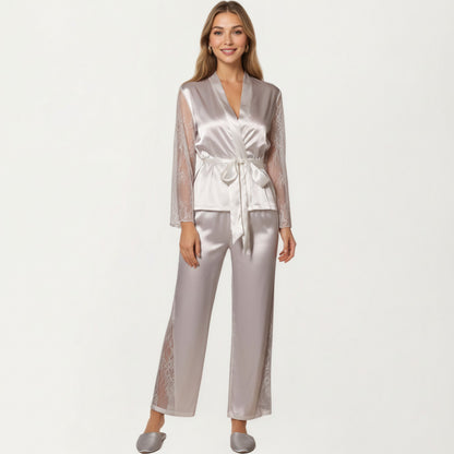 Anna-Kaci Lounge Women's Satin Pajama Set with Lace Sleeve Detail and Matching Tie-Waist Top and Straight-Leg Pants