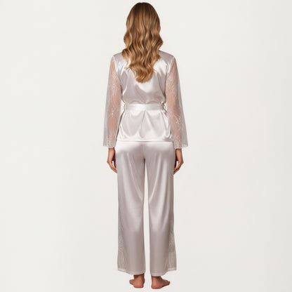 Anna-Kaci Lounge Women's Satin Pajama Set with Lace Sleeve Detail and Matching Tie-Waist Top and Straight-Leg Pants