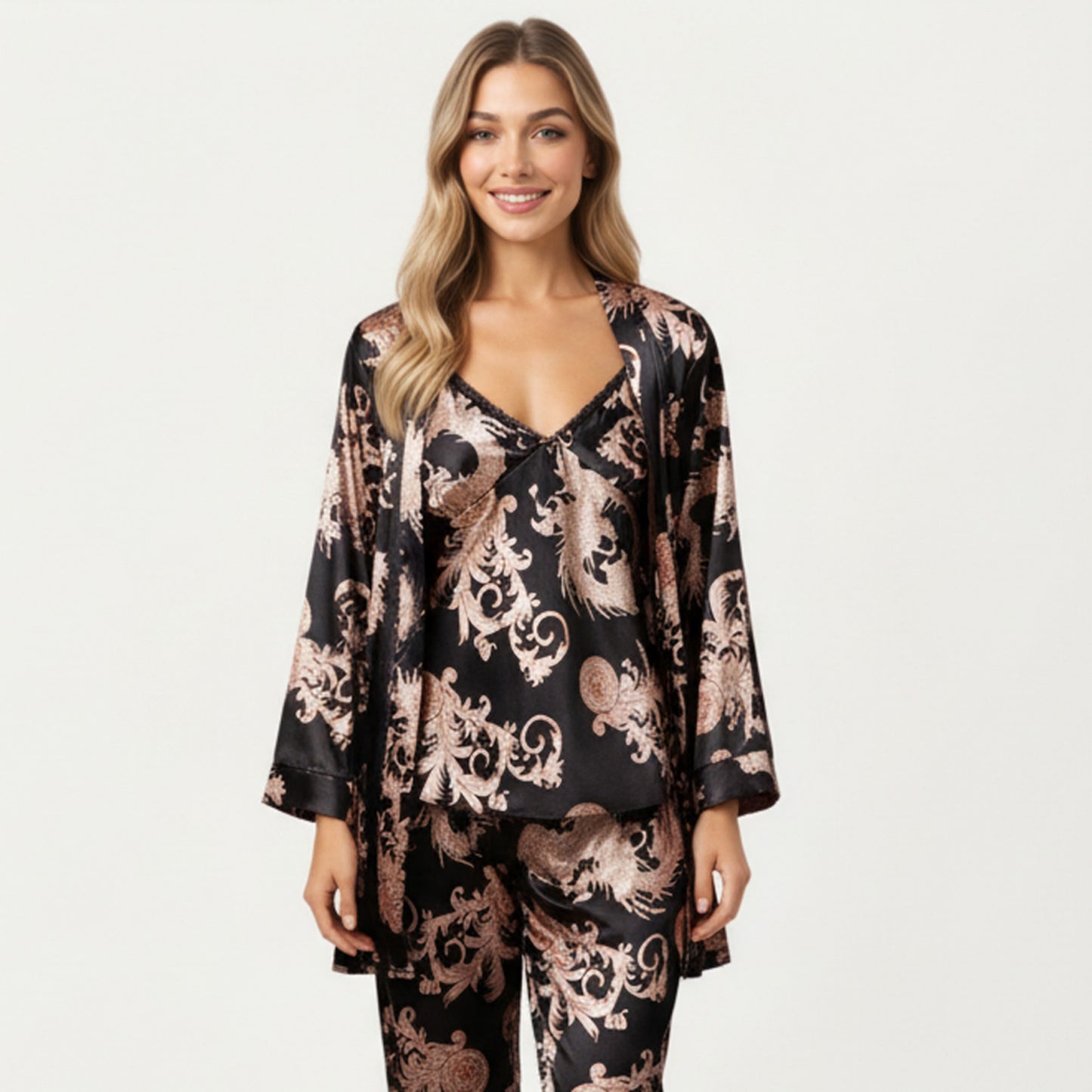 Anna-Kaci Lounge Women's 3-Piece Set Satin Baroque Print Pajama Cami with Matching Robe and Relaxed Straight-Leg Pants