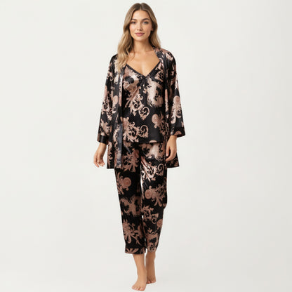 Anna-Kaci Lounge Women's 3-Piece Set Satin Baroque Print Pajama Cami with Matching Robe and Relaxed Straight-Leg Pants
