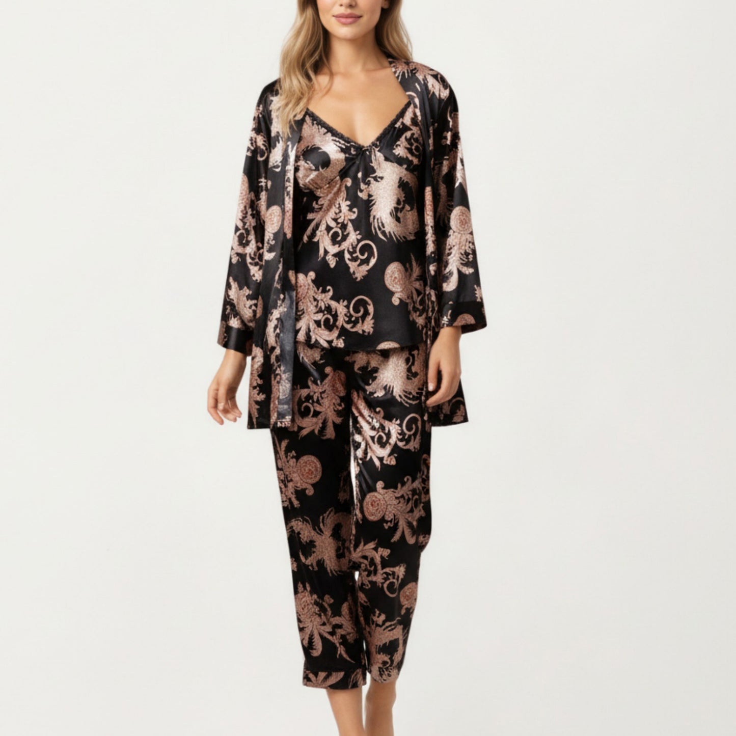 Anna-Kaci Lounge Women's 3-Piece Set Satin Baroque Print Pajama Cami with Matching Robe and Relaxed Straight-Leg Pants