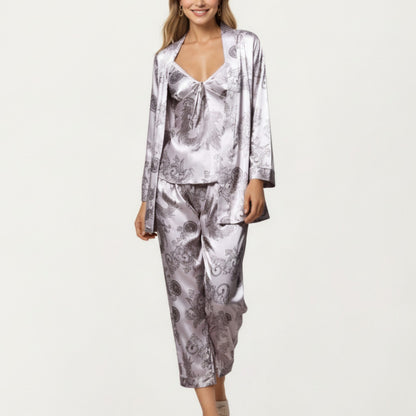 Anna-Kaci Lounge Women's 3-Piece Set Satin Baroque Print Pajama Cami with Matching Robe and Relaxed Straight-Leg Pants