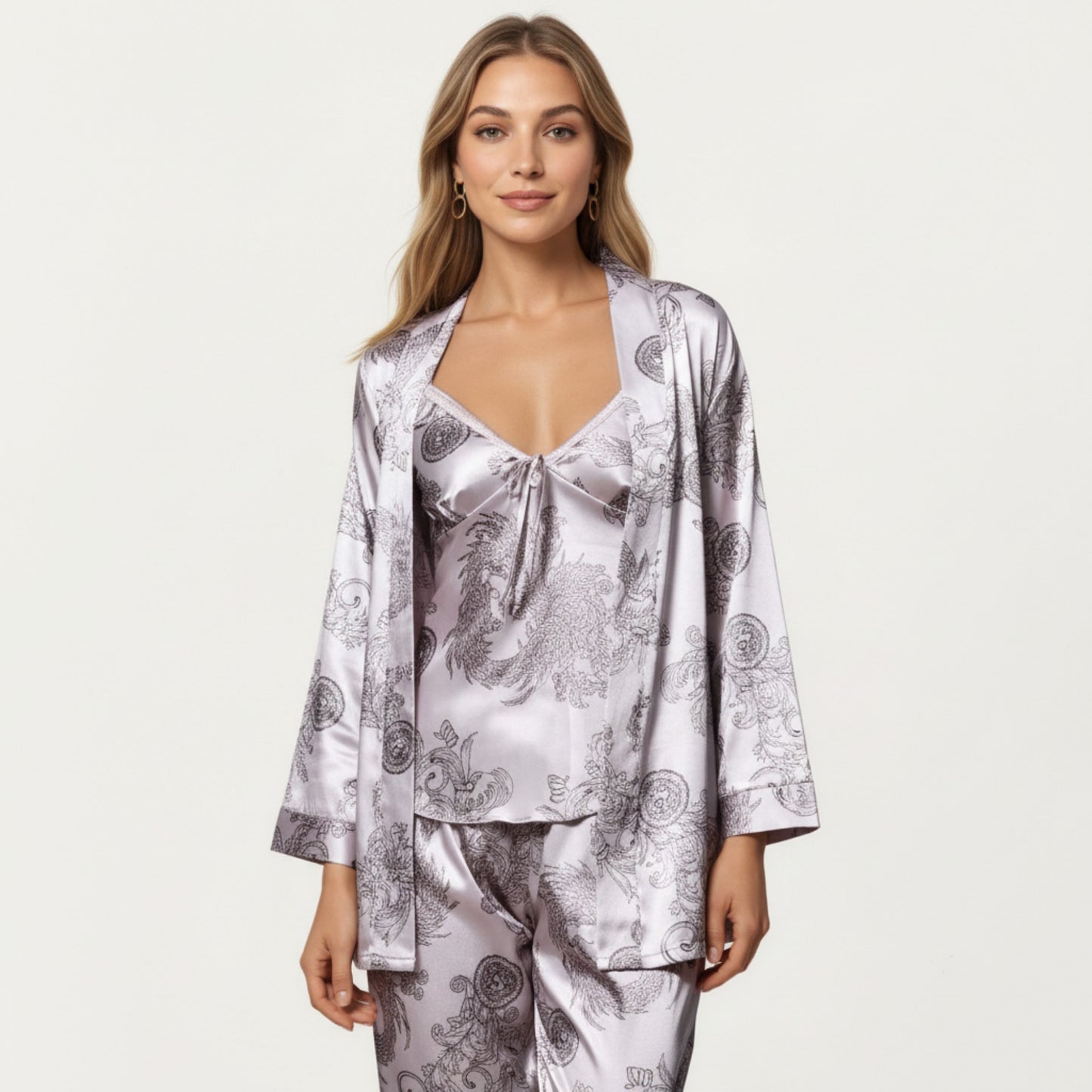 Anna-Kaci Lounge Women's 3-Piece Set Satin Baroque Print Pajama Cami with Matching Robe and Relaxed Straight-Leg Pants