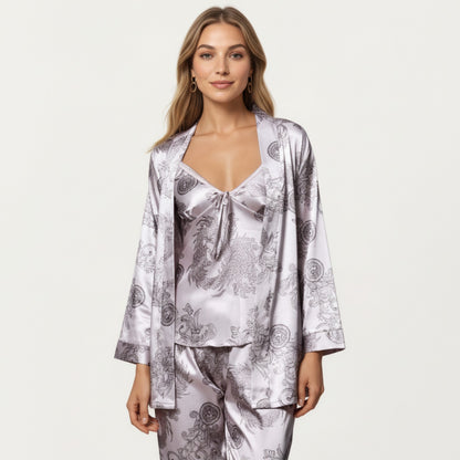 Anna-Kaci Lounge Women's 3-Piece Set Satin Baroque Print Pajama Cami with Matching Robe and Relaxed Straight-Leg Pants