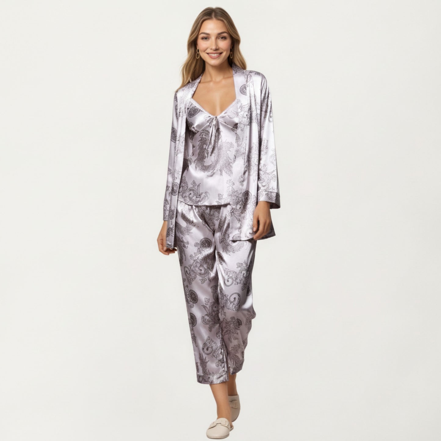 Anna-Kaci Lounge Women's 3-Piece Set Satin Baroque Print Pajama Cami with Matching Robe and Relaxed Straight-Leg Pants