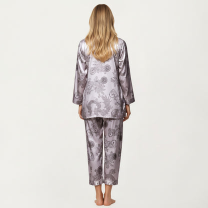 Anna-Kaci Lounge Women's 3-Piece Set Satin Baroque Print Pajama Cami with Matching Robe and Relaxed Straight-Leg Pants