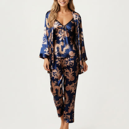 Anna-Kaci Lounge Women's 3-Piece Set Satin Baroque Print Pajama Cami with Matching Robe and Relaxed Straight-Leg Pants