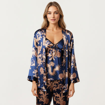 Anna-Kaci Lounge Women's 3-Piece Set Satin Baroque Print Pajama Cami with Matching Robe and Relaxed Straight-Leg Pants