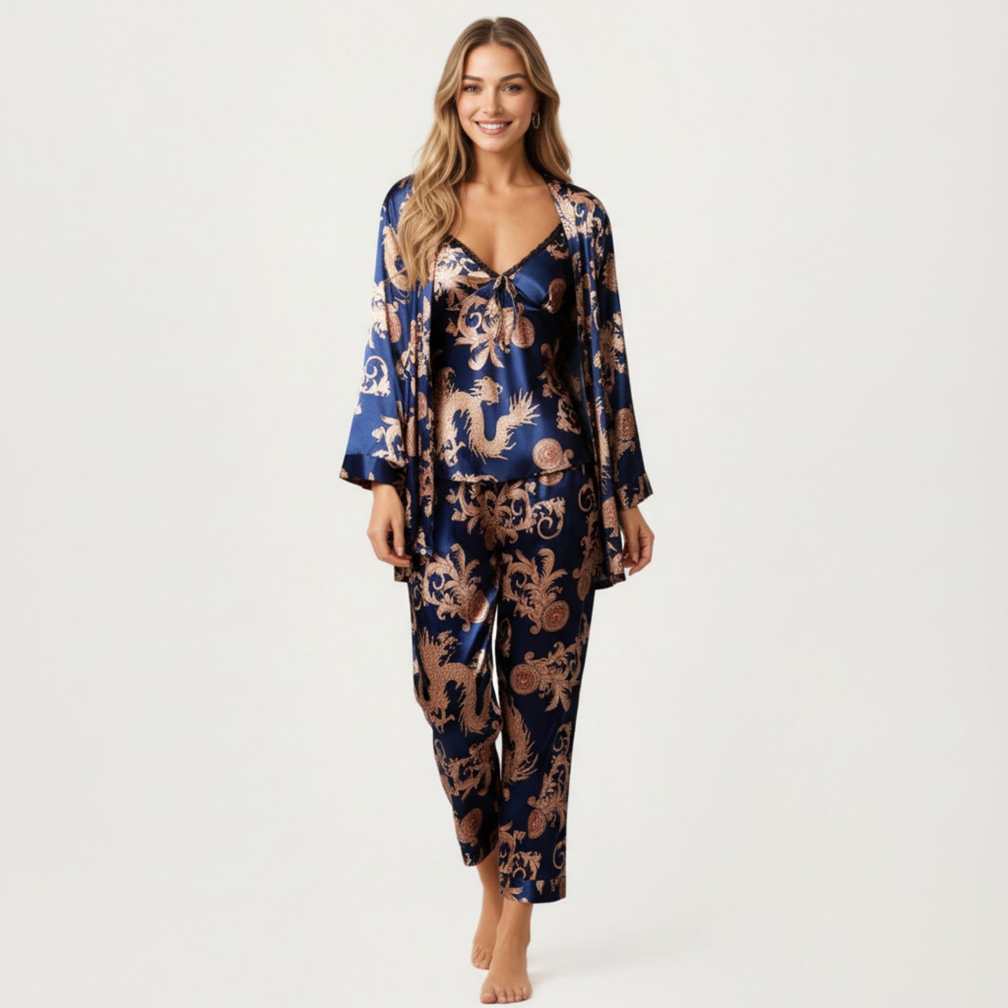 Anna-Kaci Lounge Women's 3-Piece Set Satin Baroque Print Pajama Cami with Matching Robe and Relaxed Straight-Leg Pants