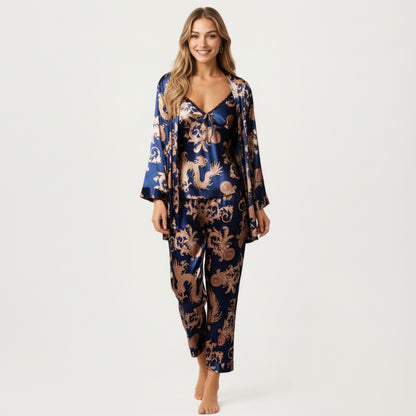 Anna-Kaci Lounge Women's 3-Piece Set Satin Baroque Print Pajama Cami with Matching Robe and Relaxed Straight-Leg Pants