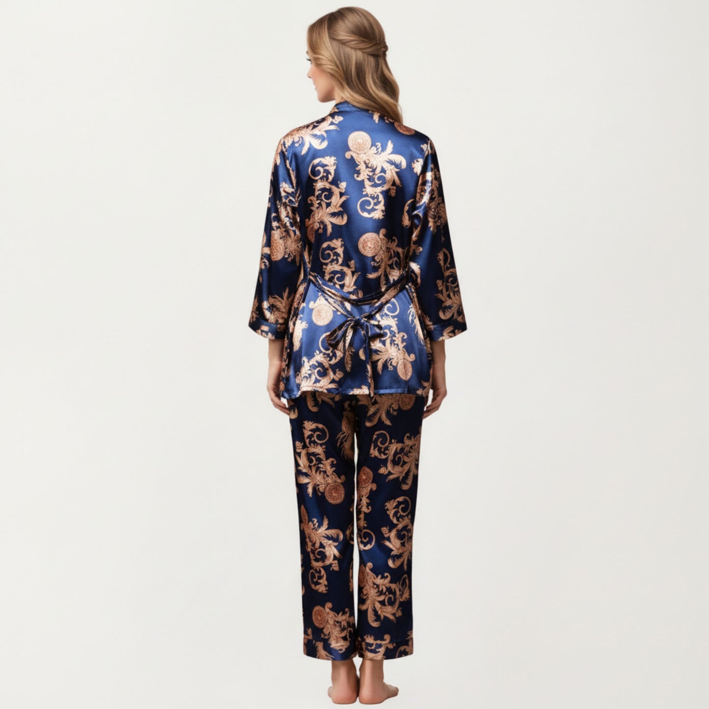 Anna-Kaci Lounge Women's 3-Piece Set Satin Baroque Print Pajama Cami with Matching Robe and Relaxed Straight-Leg Pants