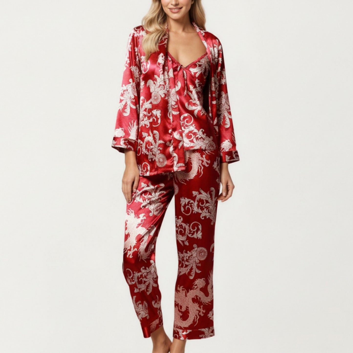Anna-Kaci Lounge Women's 3-Piece Set Satin Baroque Print Pajama Cami with Matching Robe and Relaxed Straight-Leg Pants