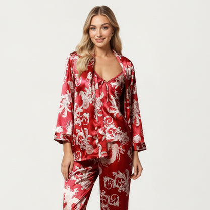 Anna-Kaci Lounge Women's 3-Piece Set Satin Baroque Print Pajama Cami with Matching Robe and Relaxed Straight-Leg Pants