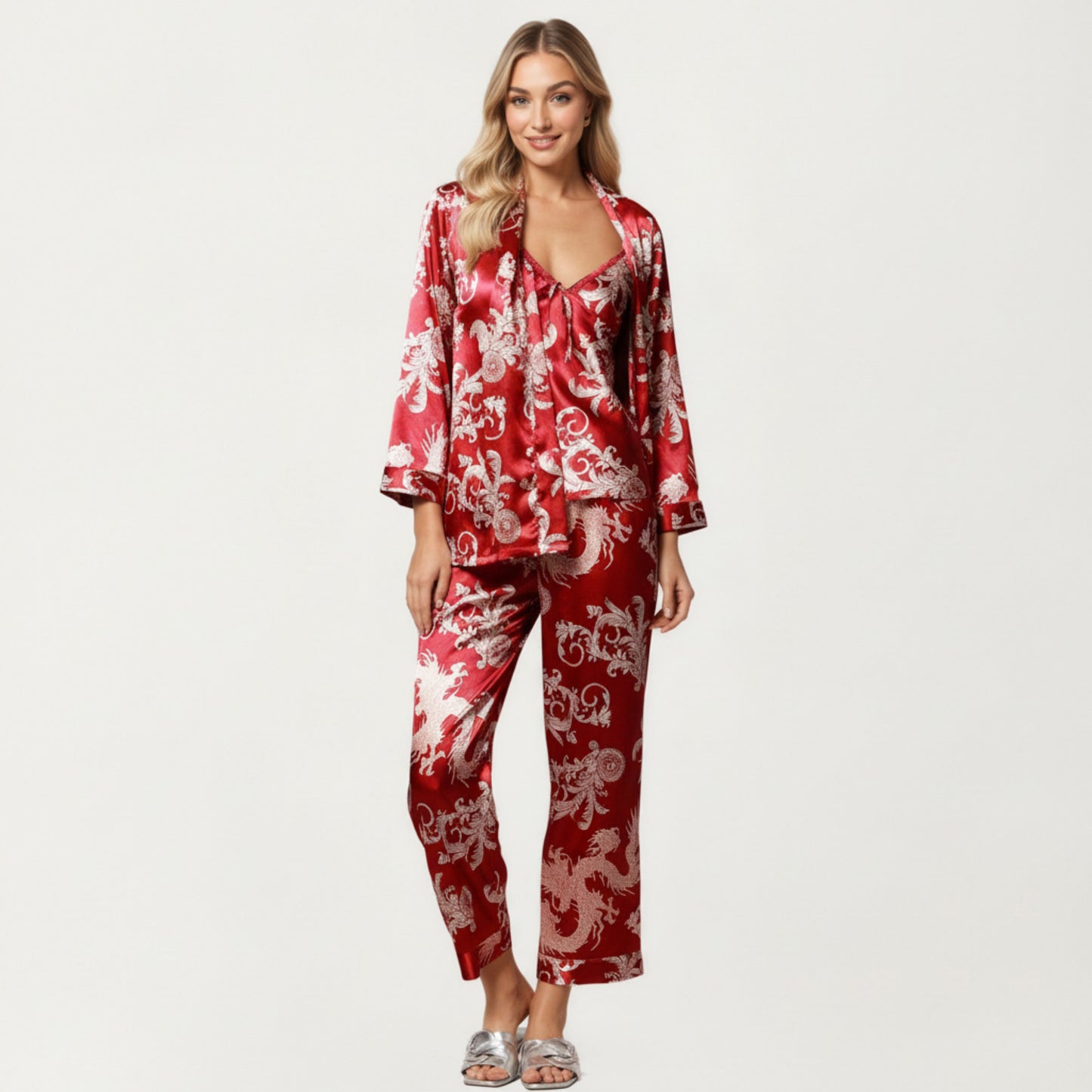 Anna-Kaci Lounge Women's 3-Piece Set Satin Baroque Print Pajama Cami with Matching Robe and Relaxed Straight-Leg Pants