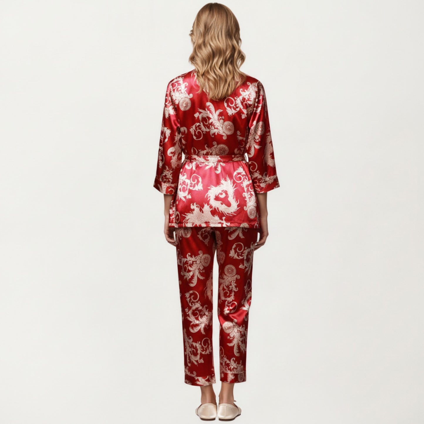Anna-Kaci Lounge Women's 3-Piece Set Satin Baroque Print Pajama Cami with Matching Robe and Relaxed Straight-Leg Pants