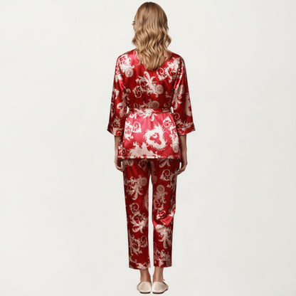 Anna-Kaci Lounge Women's 3-Piece Set Satin Baroque Print Pajama Cami with Matching Robe and Relaxed Straight-Leg Pants