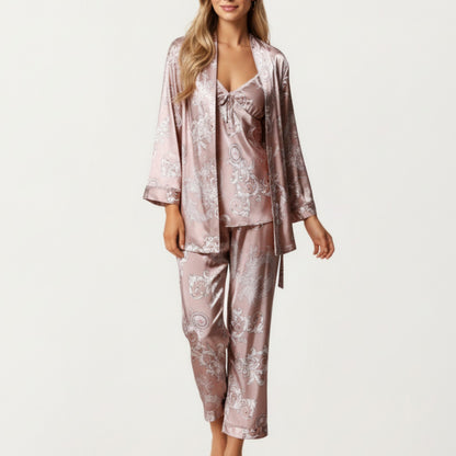 Anna-Kaci Lounge Women's 3-Piece Set Satin Baroque Print Pajama Cami with Matching Robe and Relaxed Straight-Leg Pants