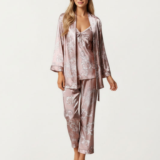 Anna-Kaci Lounge Women's 3-Piece Set Satin Baroque Print Pajama Cami with Matching Robe and Relaxed Straight-Leg Pants