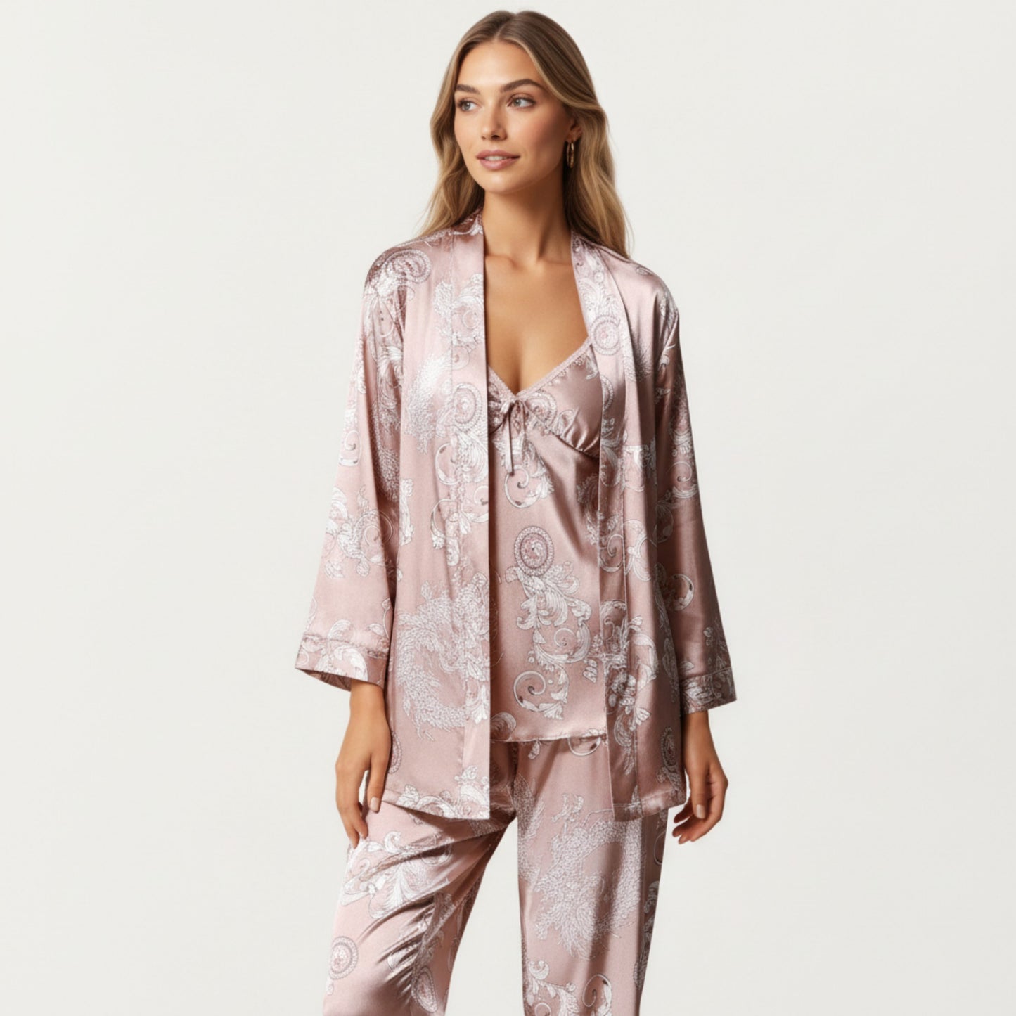 Anna-Kaci Lounge Women's 3-Piece Set Satin Baroque Print Pajama Cami with Matching Robe and Relaxed Straight-Leg Pants