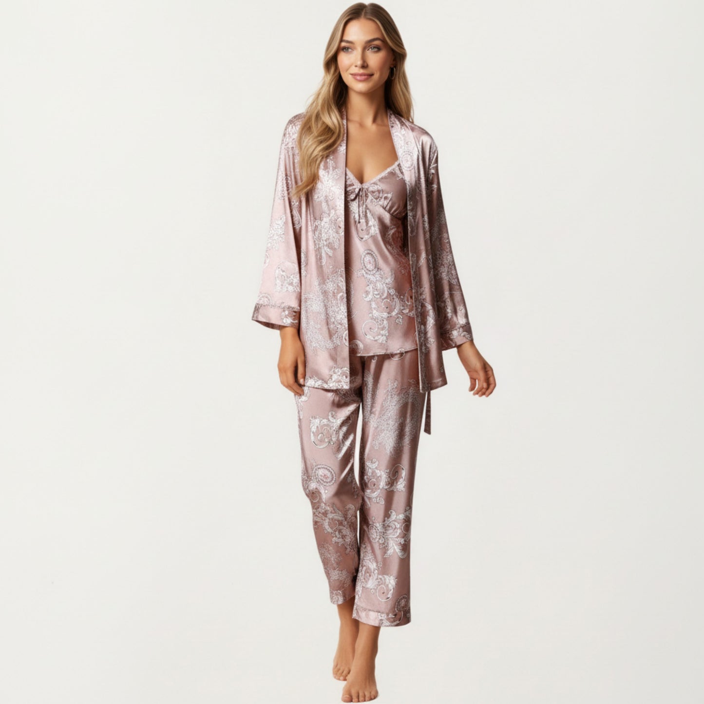 Anna-Kaci Lounge Women's 3-Piece Set Satin Baroque Print Pajama Cami with Matching Robe and Relaxed Straight-Leg Pants