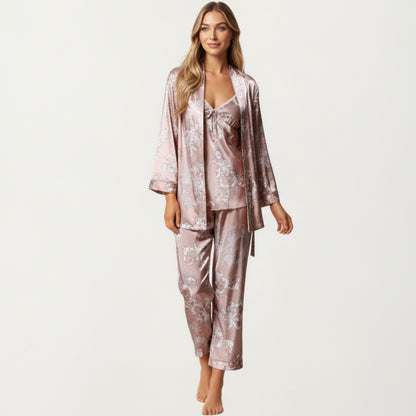 Anna-Kaci Lounge Women's 3-Piece Set Satin Baroque Print Pajama Cami with Matching Robe and Relaxed Straight-Leg Pants
