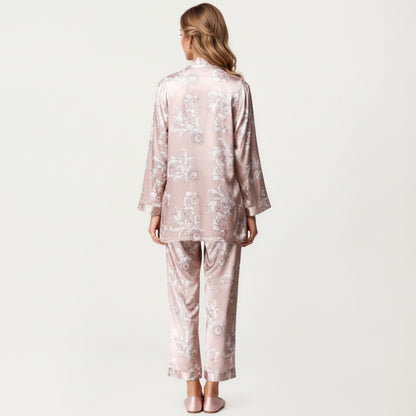 Anna-Kaci Lounge Women's 3-Piece Set Satin Baroque Print Pajama Cami with Matching Robe and Relaxed Straight-Leg Pants