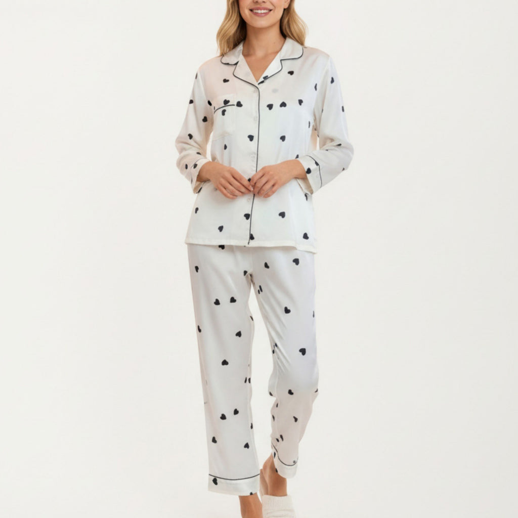 Anna-Kaci Lounge Women's 2-Piece Set Satin Heart Print Pajama Top with Contrast Piping Matched with Relaxed Straight-Leg Pants