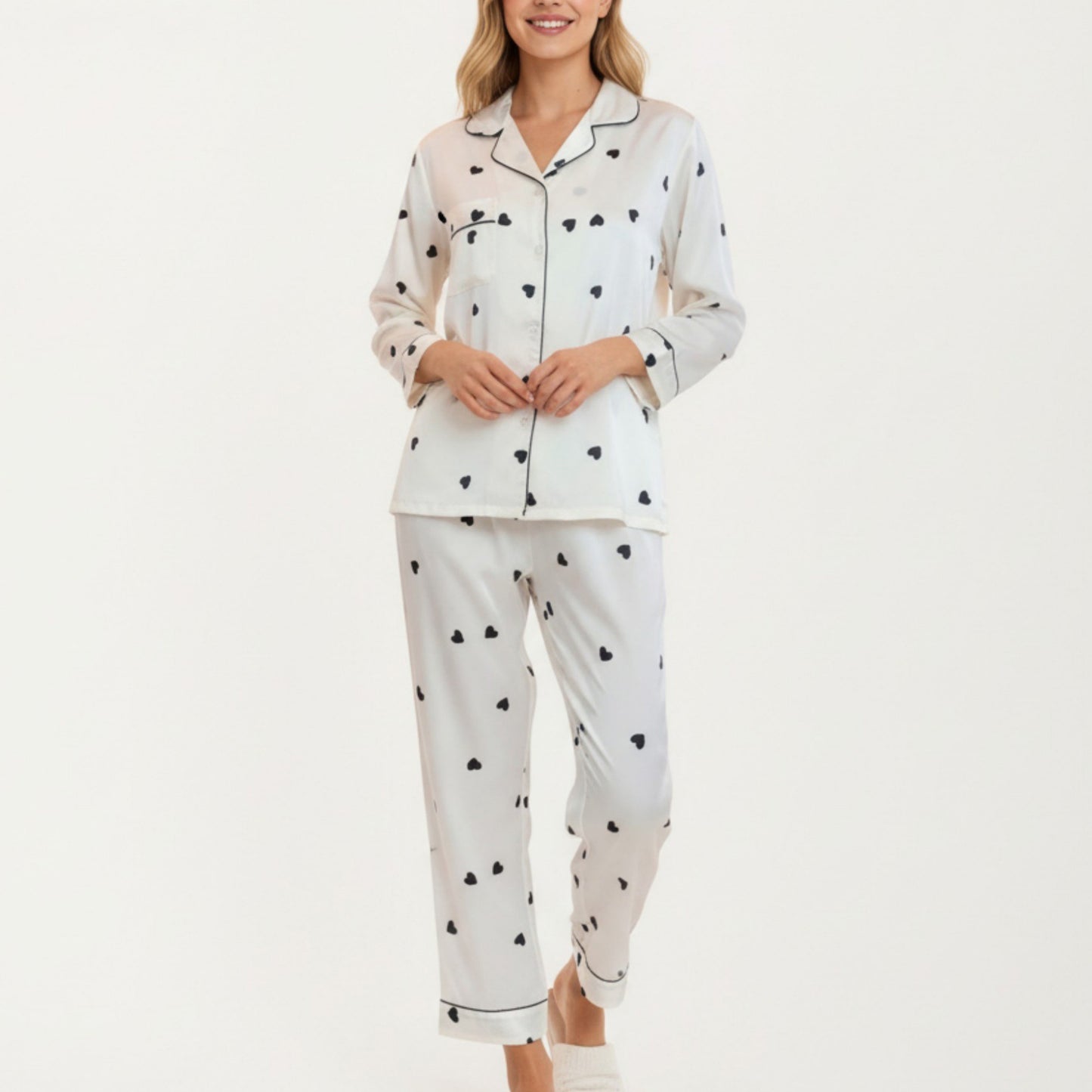 Anna-Kaci Lounge Women's 2-Piece Set Satin Heart Print Pajama Top with Contrast Piping Matched with Relaxed Straight-Leg Pants