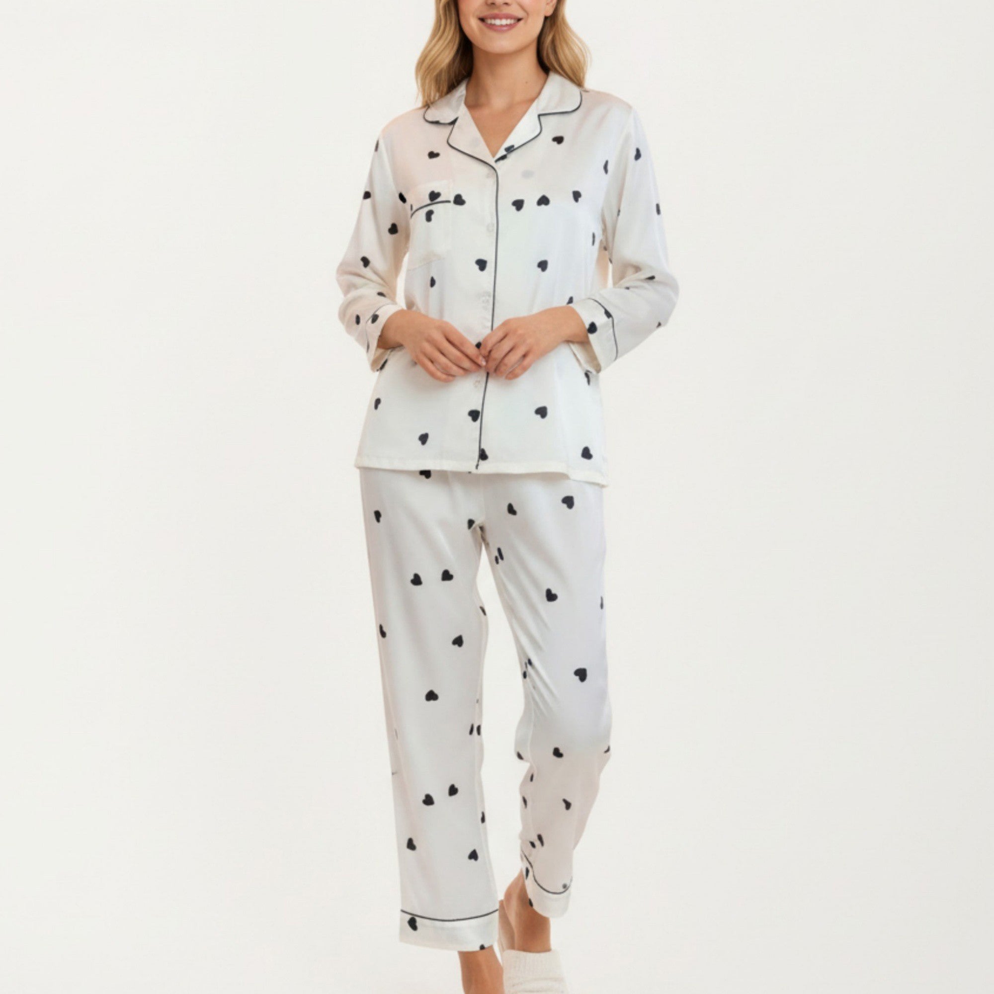 Anna-Kaci Lounge Women's 2-Piece Set Satin Heart Print Pajama Top with Contrast Piping Matched with Relaxed Straight-Leg Pants