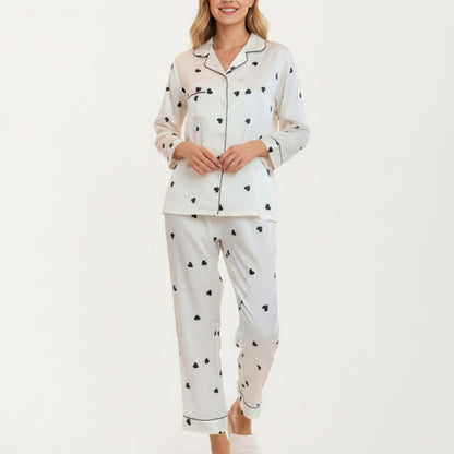 Anna-Kaci Lounge Women's 2-Piece Set Satin Heart Print Pajama Top with Contrast Piping Matched with Relaxed Straight-Leg Pants