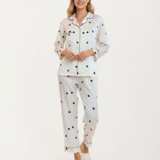 Anna-Kaci Lounge Women's 2-Piece Set Satin Heart Print Pajama Top with Contrast Piping Matched with Relaxed Straight-Leg Pants