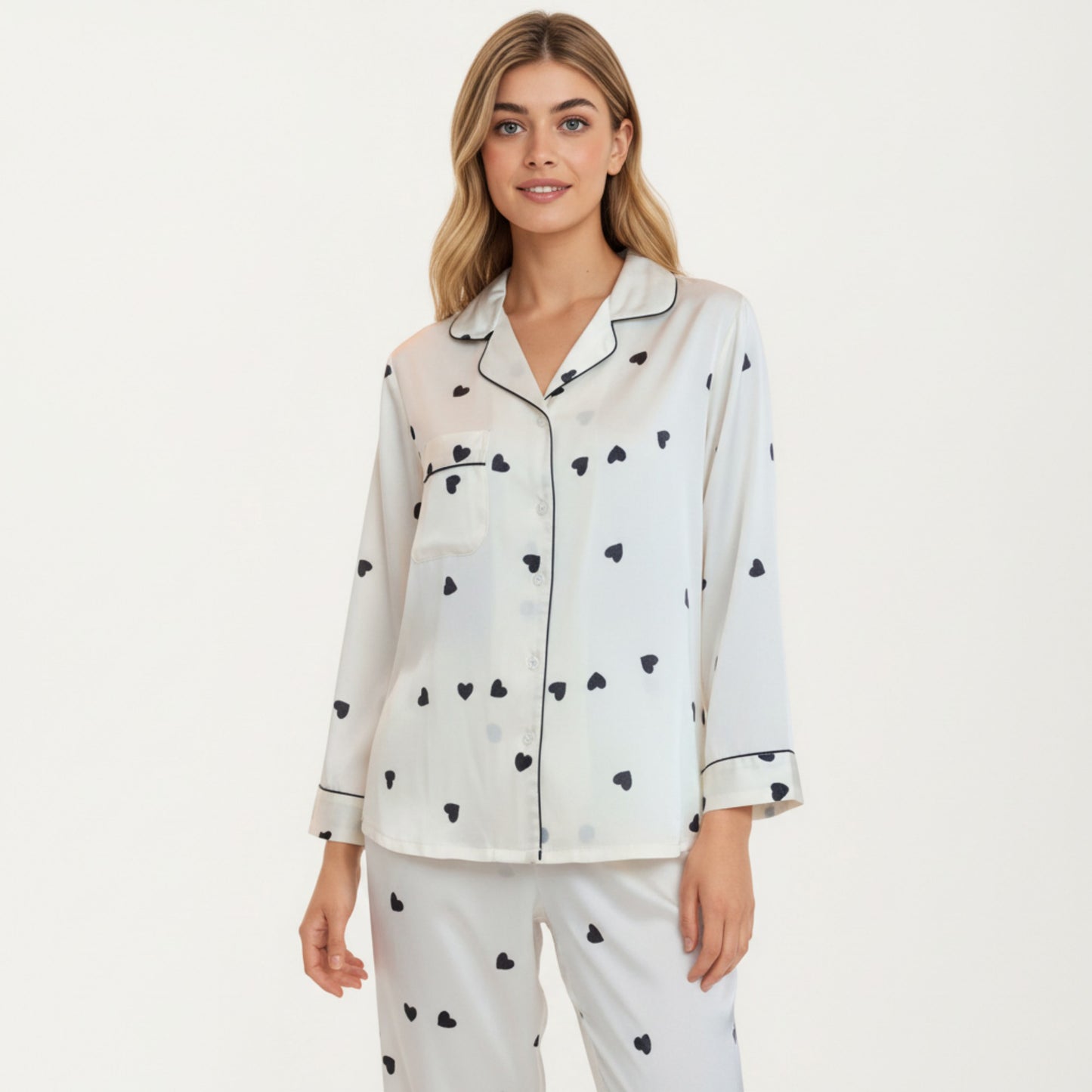 Anna-Kaci Lounge Women's 2-Piece Set Satin Heart Print Pajama Top with Contrast Piping Matched with Relaxed Straight-Leg Pants