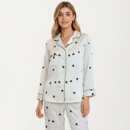 Anna-Kaci Lounge Women's 2-Piece Set Satin Heart Print Pajama Top with Contrast Piping Matched with Relaxed Straight-Leg Pants