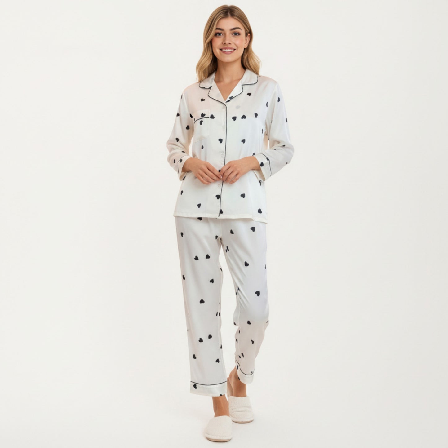 Anna-Kaci Lounge Women's 2-Piece Set Satin Heart Print Pajama Top with Contrast Piping Matched with Relaxed Straight-Leg Pants
