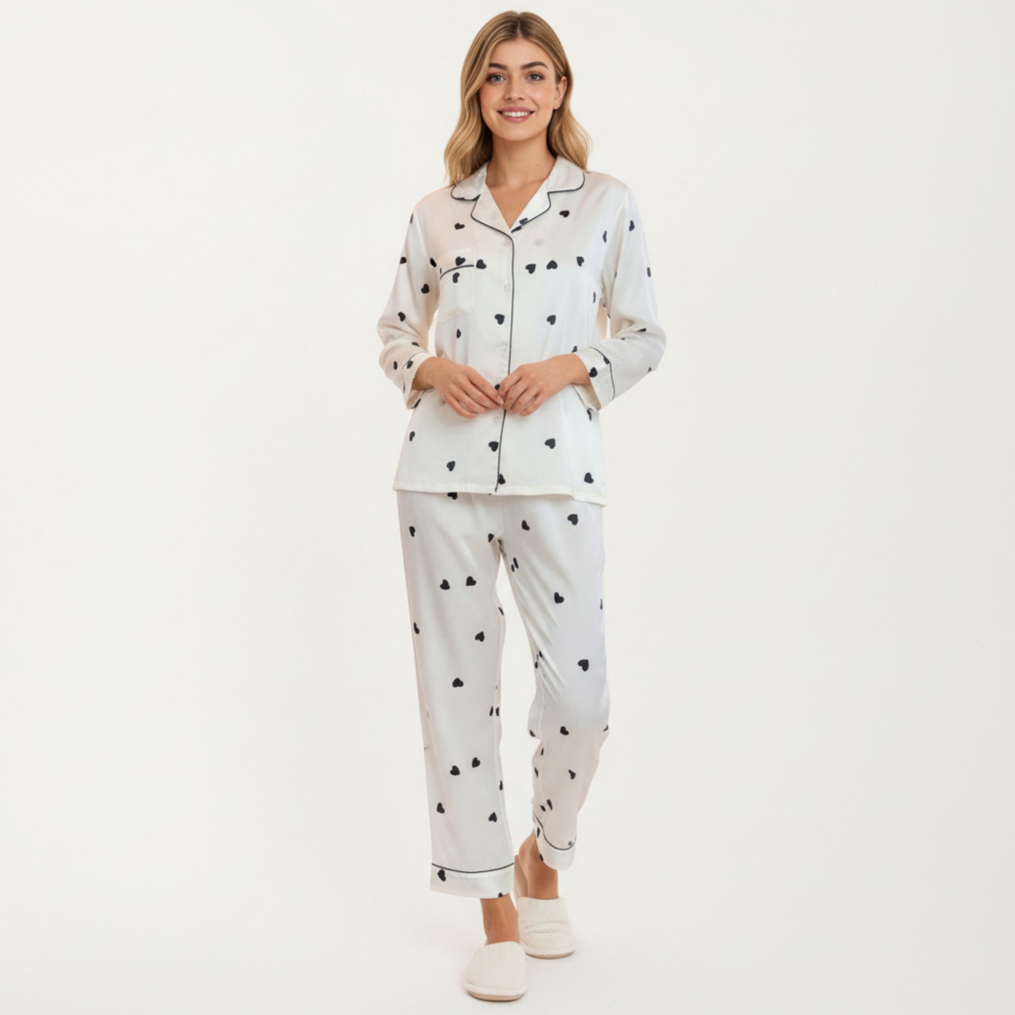 Anna-Kaci Lounge Women's 2-Piece Set Satin Heart Print Pajama Top with Contrast Piping Matched with Relaxed Straight-Leg Pants