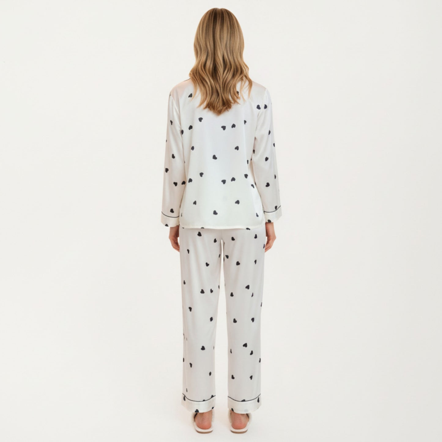 Anna-Kaci Lounge Women's 2-Piece Set Satin Heart Print Pajama Top with Contrast Piping Matched with Relaxed Straight-Leg Pants